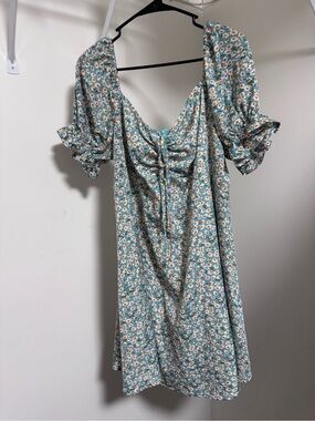 Floral Puff-Sleeve Tea Dress in Light Teal